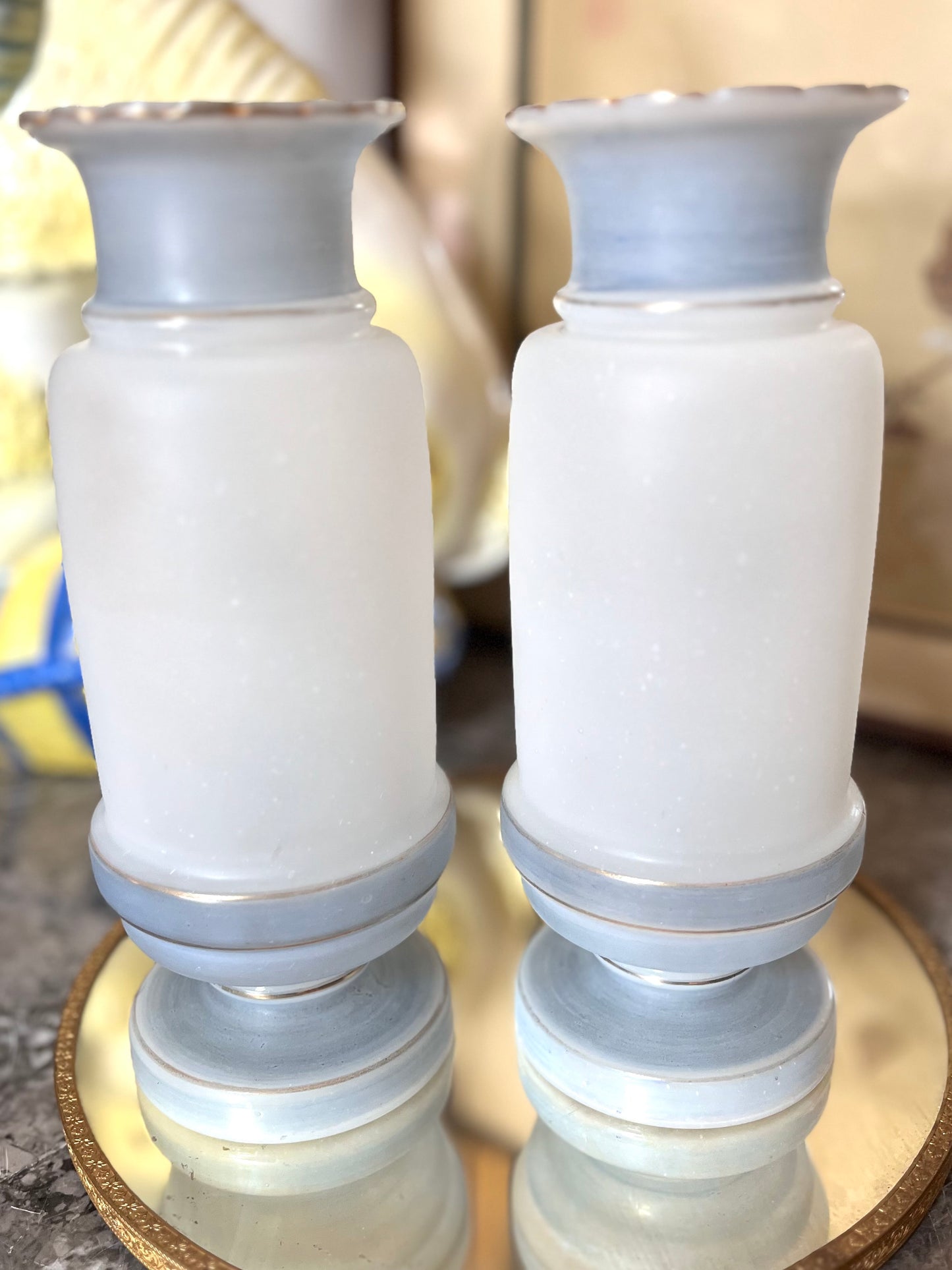 Unique Pair Of Hand Painted Bristol Glass Vases With Left/Right Hands And Flowers 9”