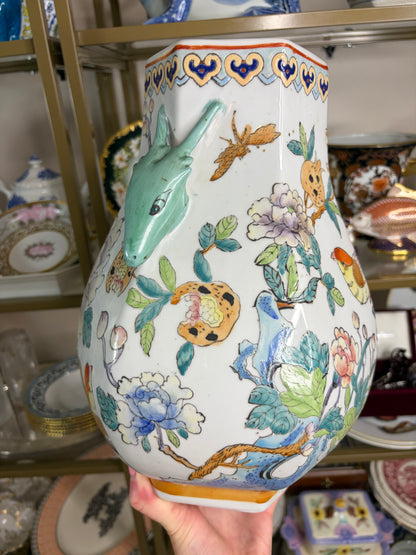 Stunning chinoiserie vase with birds and florals and deer handles!