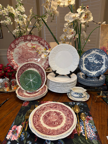 Rare Set of 8 Mason's Vista Pink Red willow dinner plates 10d
