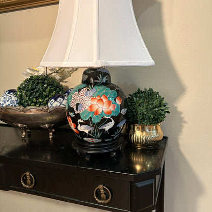 Vintage Famille Noir Matte Black Lamp With Crane Design  20 in