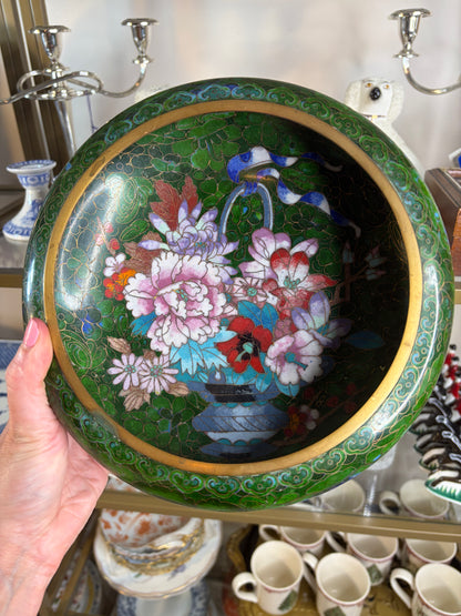 Gorgeous cloisonné green bowl featuring a bouquet and brass rim!