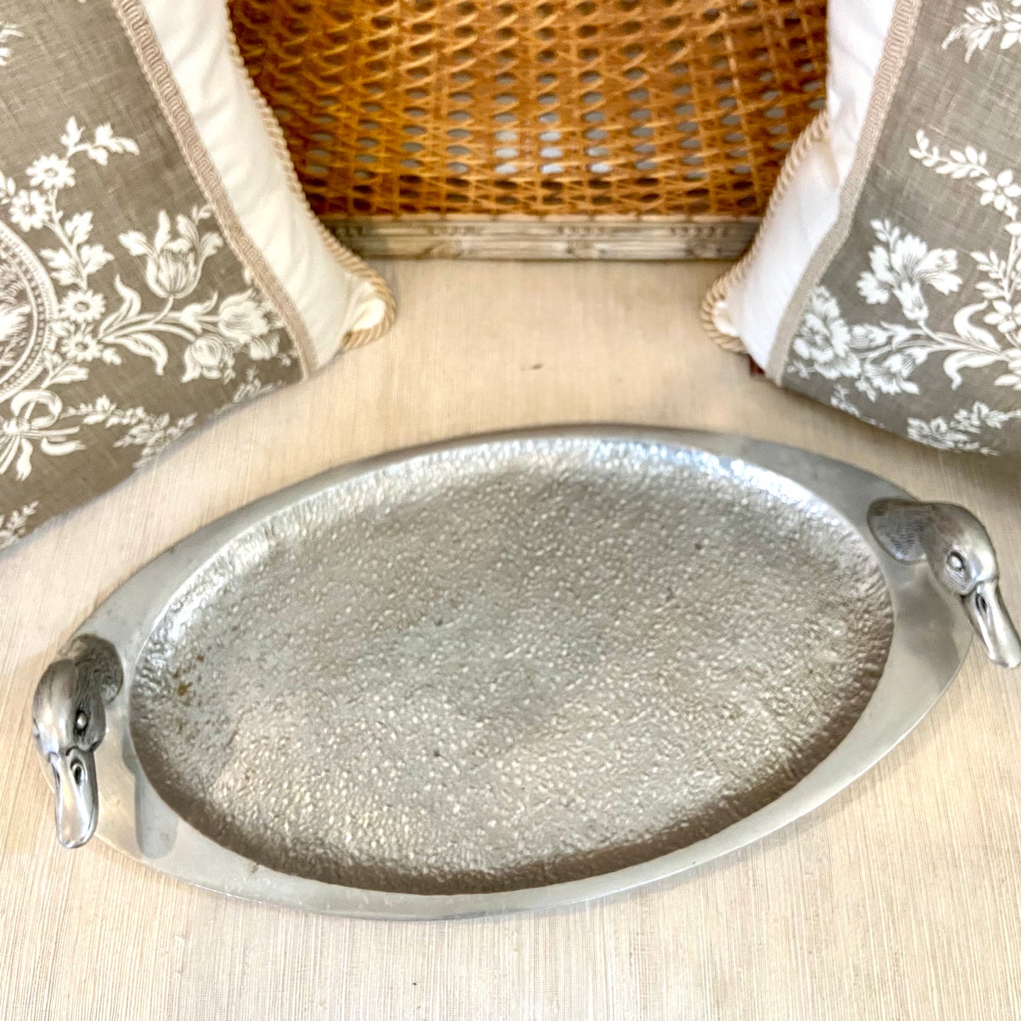 Designer Bruce Cox oval silver shade platter with double mallard duck head handles.
