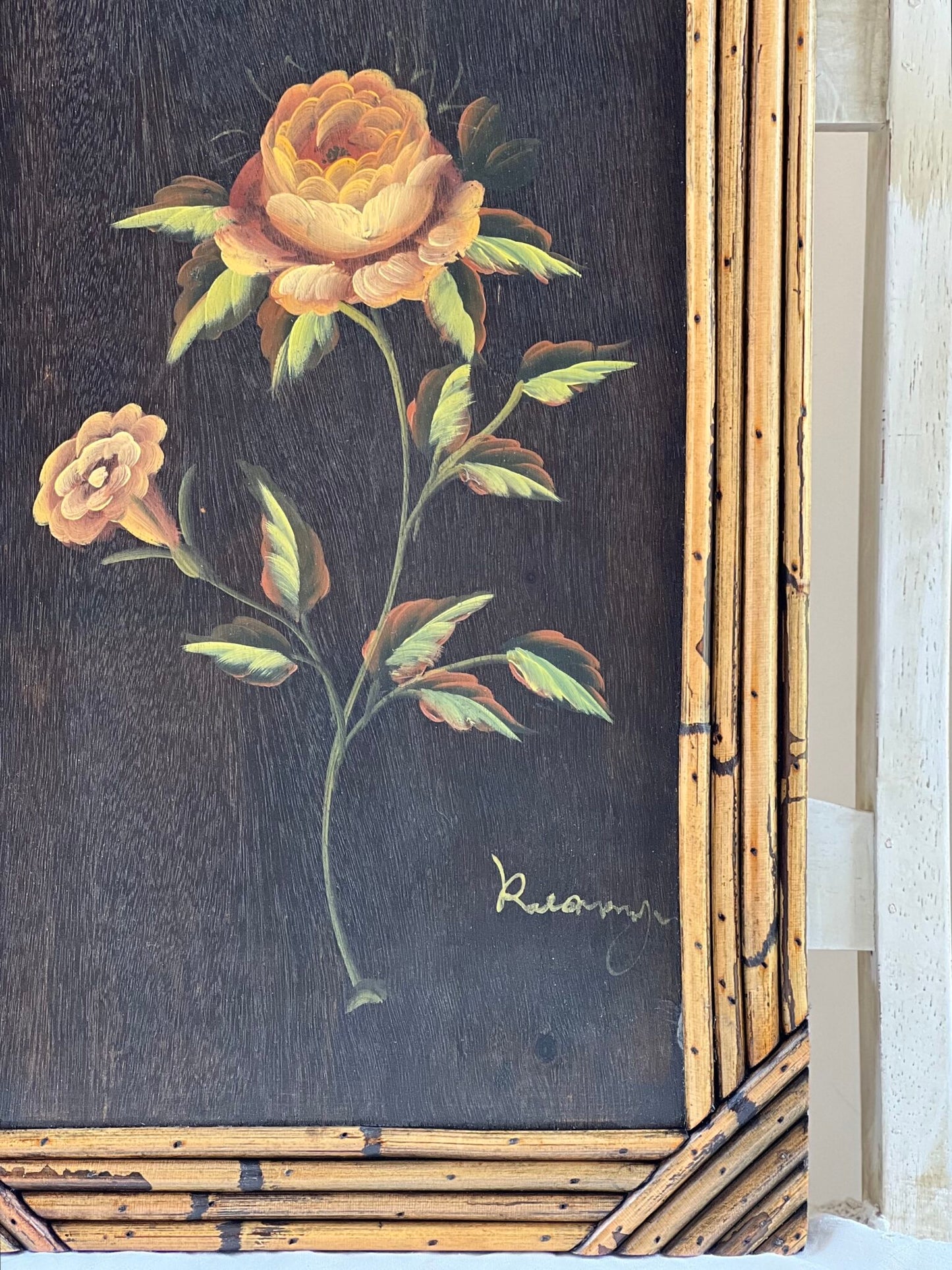 Set Of 3, Vintage Floral Painted Wood Panels With Bamboo Frames - 19.75” x 11.75”
