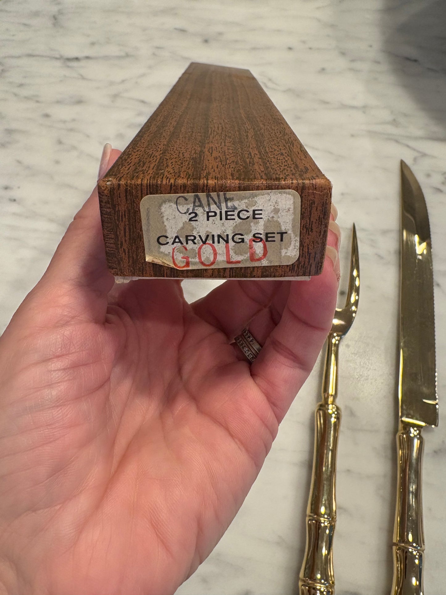 Vintage Gold Toned Carving Set with Bamboo Handles