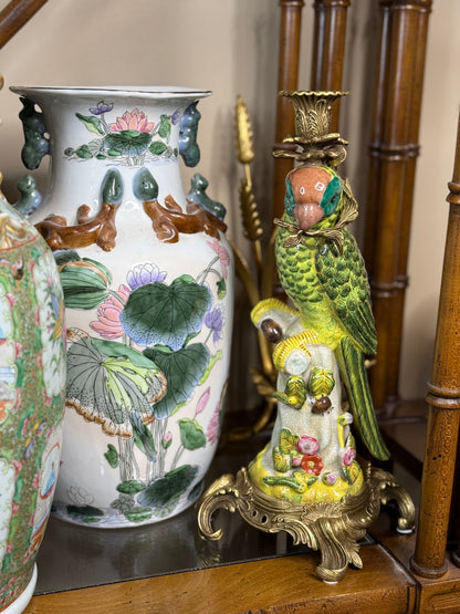 Danny's Fine Porcelain - 14.5” Tall Porcelain Parrot Candlestick Pair with Ormolu Mounts, Chinoiserie Rococo Style