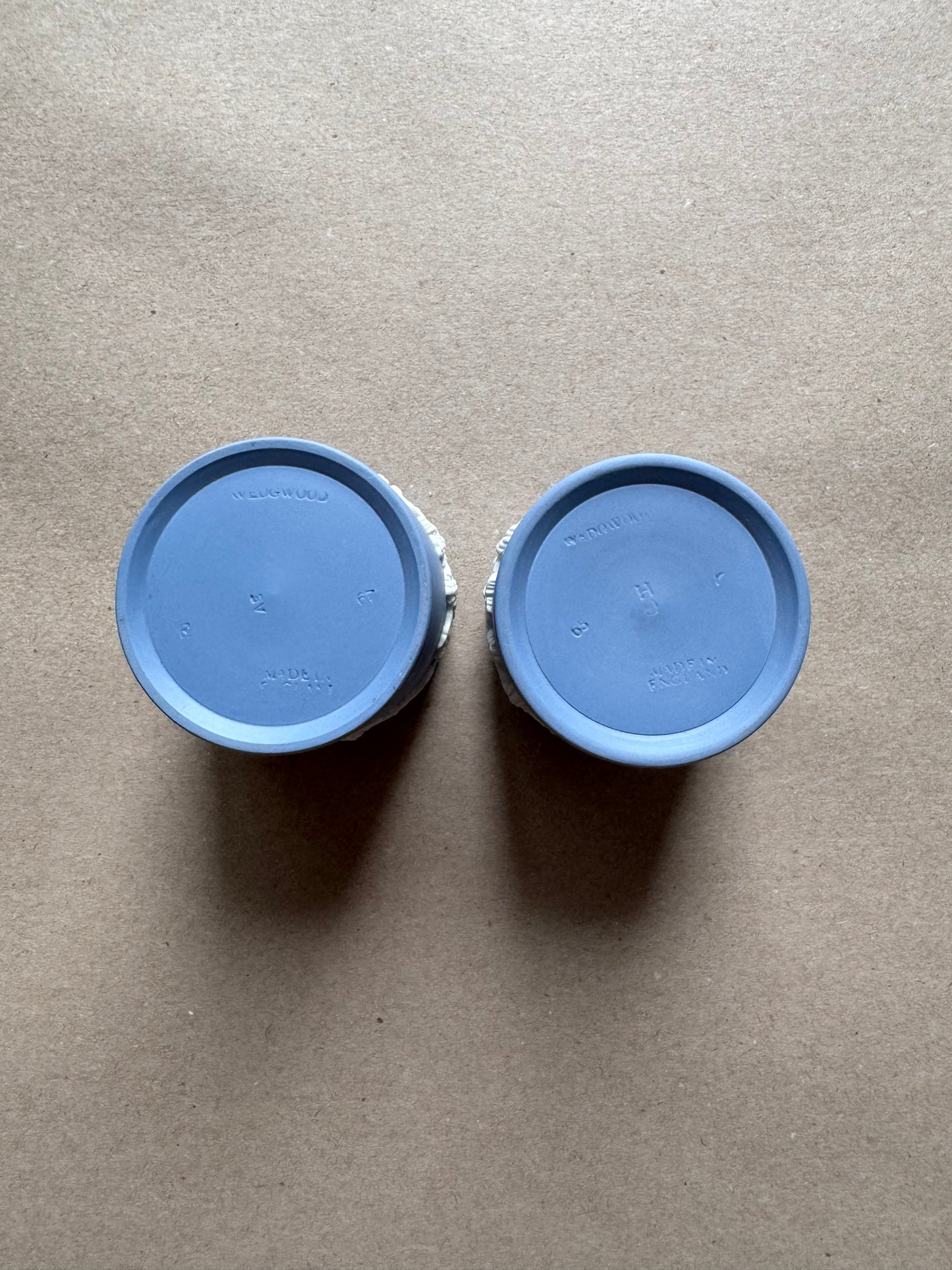 Light blue pair of Wedgewood ornate match holders 2.25”