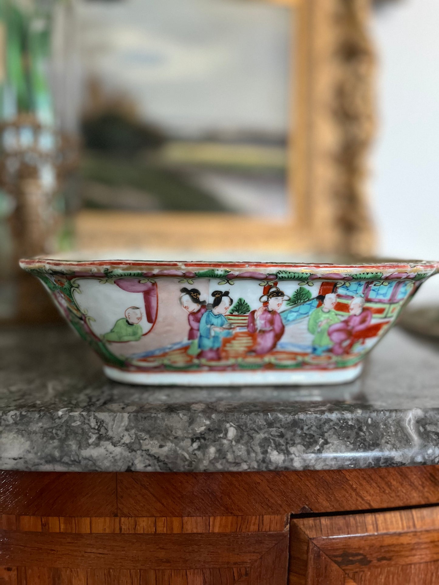 Rare Celadon/Floral-Interior Rose Medallion Covered Dish (19th C. Chinese Export)