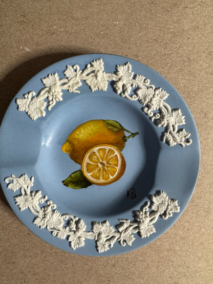 Live 06/22 Wedgwood small lavender and  white dish with painted lemon original art