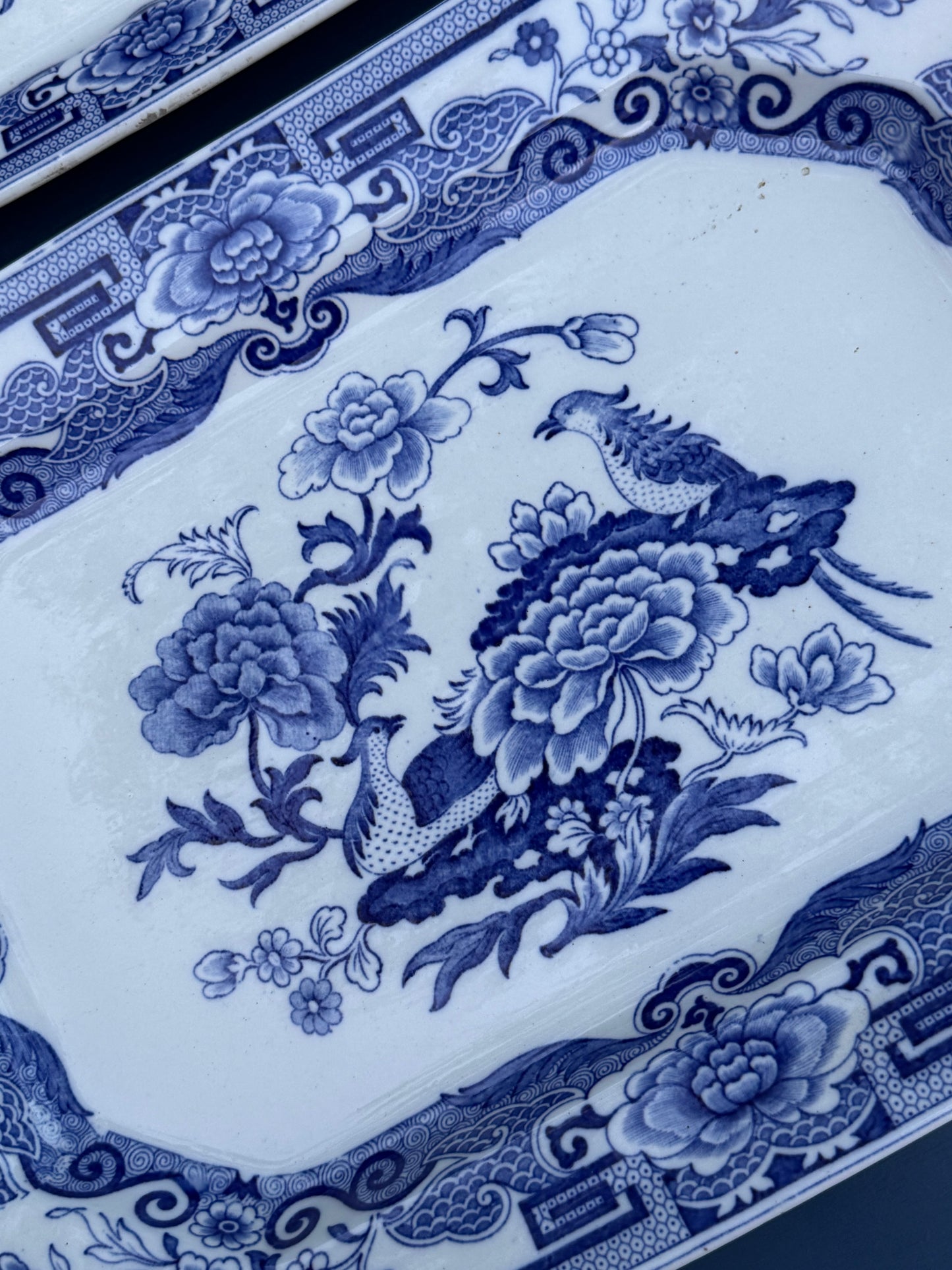 Antique Pair (2) Mason's Ironstone "India Pheasant" Blue & White Platters | Pair | Large & Small | c.1820 | Styles DA4493 & DA4494