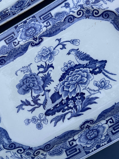 Antique Pair (2) Mason's Ironstone "India Pheasant" Blue & White Platters | Pair | Large & Small | c.1820 | Styles DA4493 & DA4494