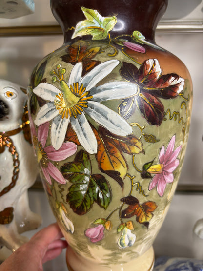 Stunning Bristol glass vase featuring handpainted florals!