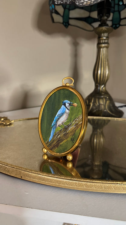 Day 5 challenge blue Jay, original oil painting in vintage brass frame