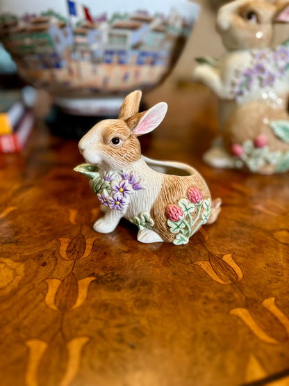 Adorable Fitz & Floyd “Botanical Bunny” Tea Service — Teapot, Lidded Sugar with Spoon & Creamer