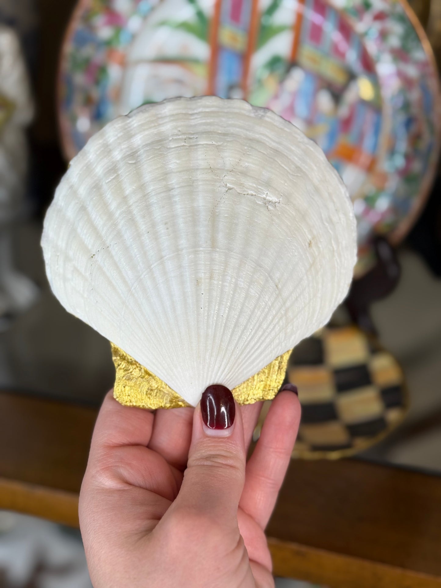 Handcrafted 4” Decoupage Shell Dish – Black & White Check with Gold Rim