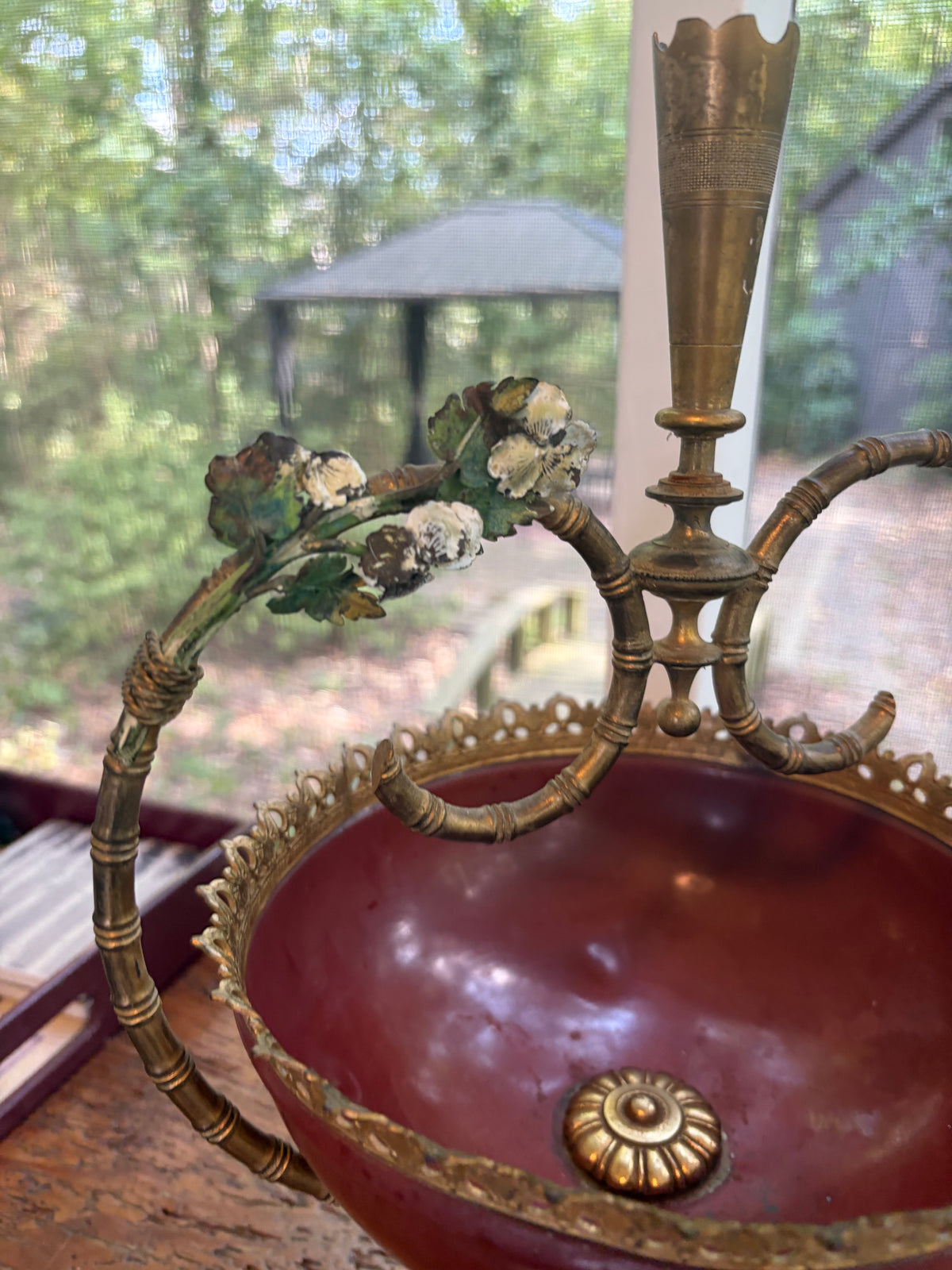 Lovely decorative brass centerpiece bowl or tazza featuring a reddish-maroon enameled body!