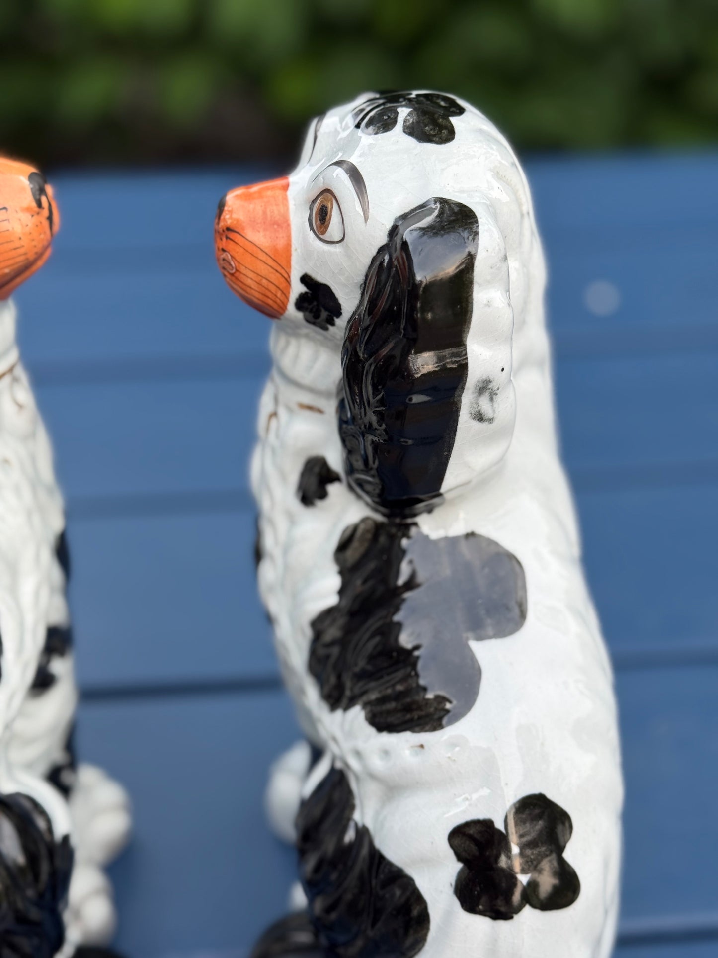 Antique 19th Century Staffordshire Dog Pair | 10" Tall, 5.5" Wide, Black & White with Red Mouths | Style DA4478