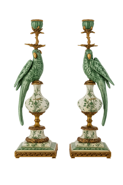 Danny's Fine Porcelain Green & White Bronze Parrot Candle Holders Pair 6.5"L × 6"W × 18.5"H#61025