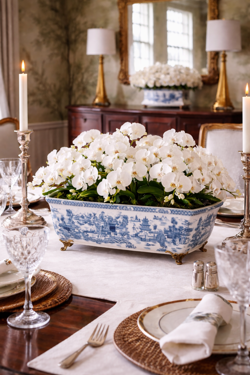 Danny's Fine Porcelain - Blue and White Bronze Footed Centerpiece 18x6.5Wx6H #14068