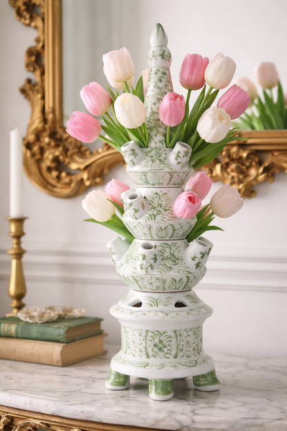 Danny’s Fine Porcelain Green Floral Tulipiere Vase | 4-Tier | 22.5” Tall