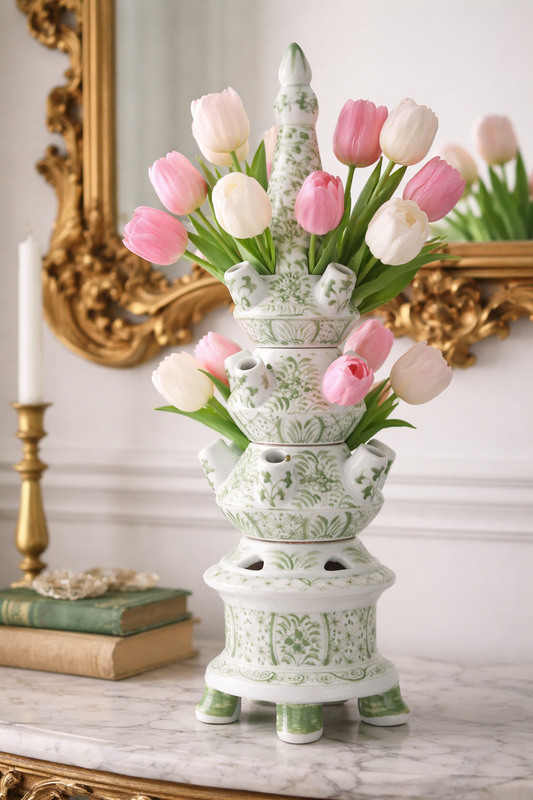 Danny’s Fine Porcelain Green Floral Tulipiere Vase | 4-Tier | 22.5” Tall