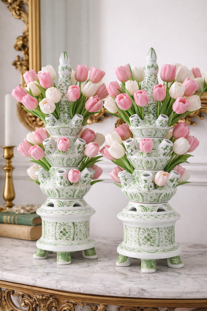 Danny’s Fine Porcelain Green Floral Tulipiere Vase | 4-Tier | 22.5” Tall