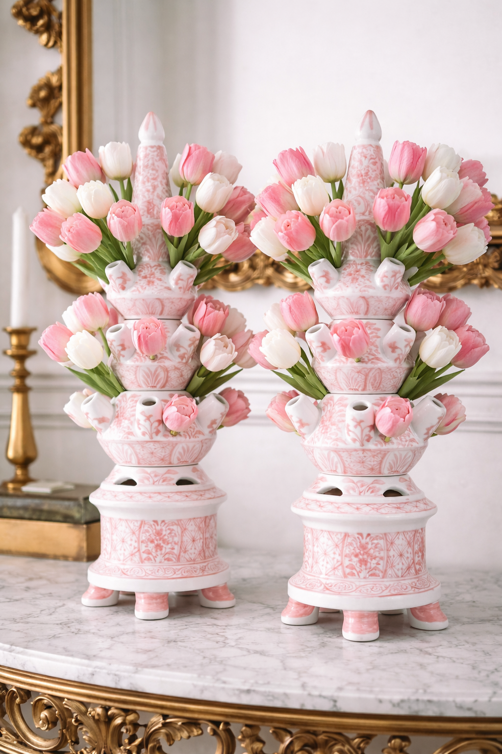 Danny’s Fine Porcelain Pink Floral Tulipiere Vase | 4-Tier | 22.5” Tall