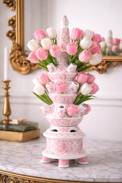 Danny’s Fine Porcelain Pink Floral Tulipiere Vase | 4-Tier | 22.5” Tall