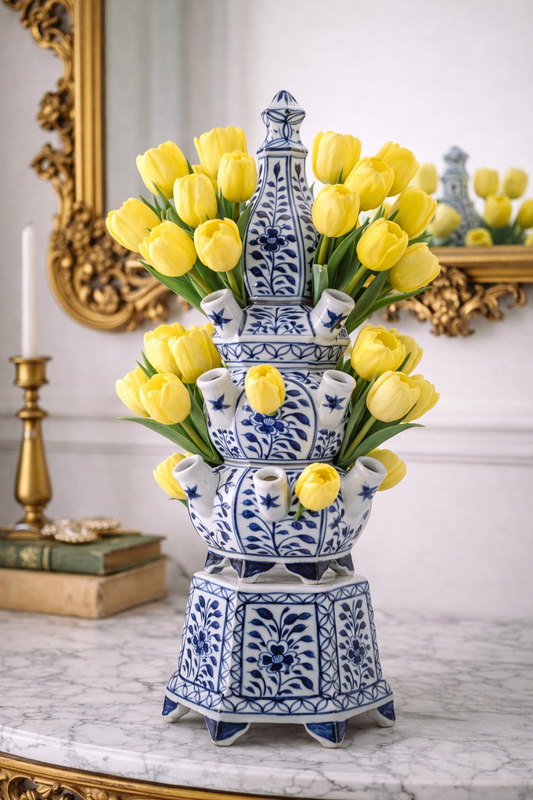 Danny Fine Porcelain: 19" Tall, 8.5Lx8.5W Tulipere Hexagonal Blue and White Single Vase