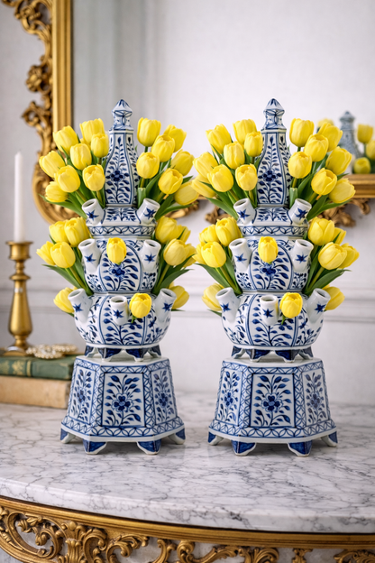 Danny Fine Porcelain: 19" Tall, 8.5Lx8.5W Tulipere Hexagonal Blue and White Single Vase