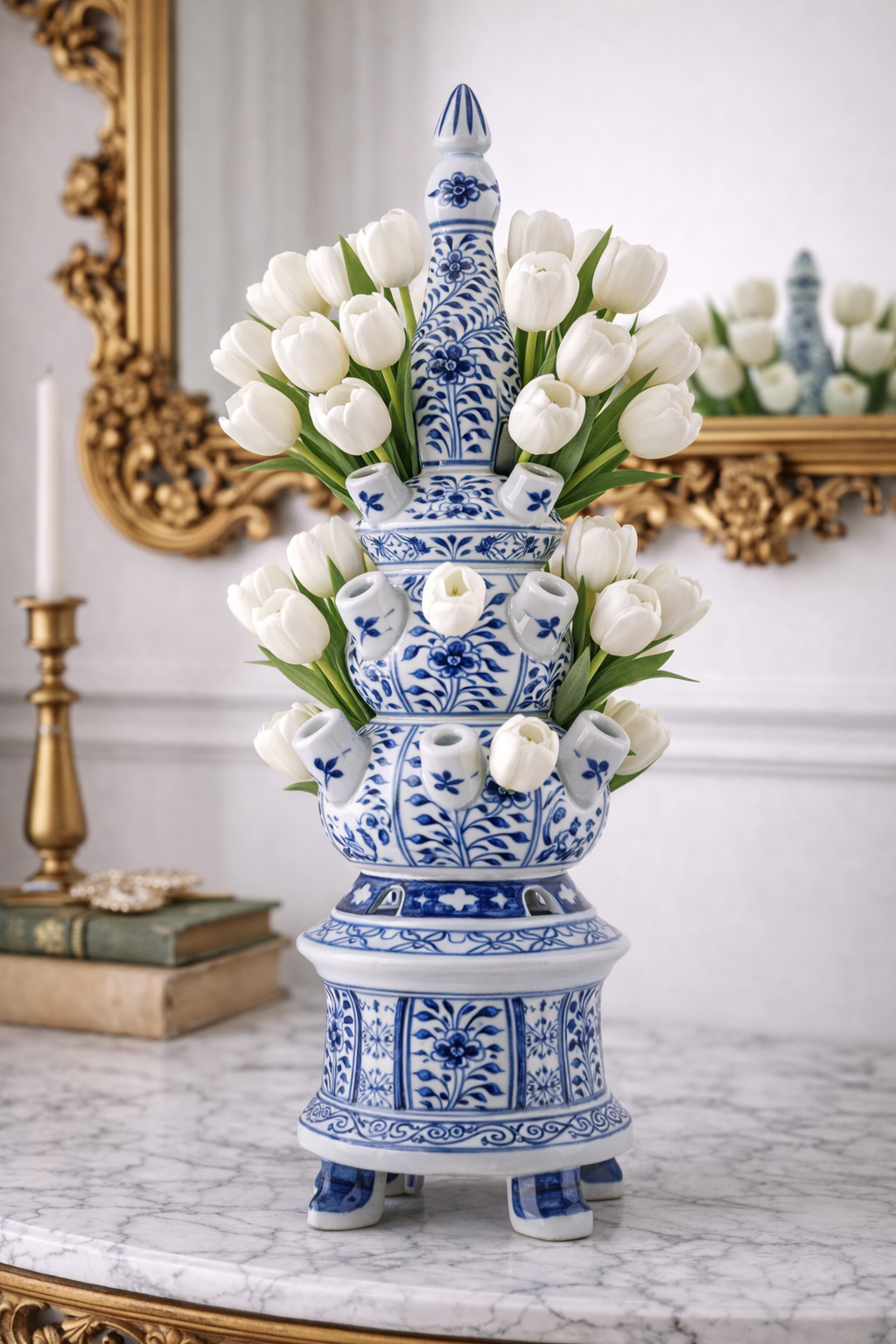 Danny’s Fine Porcelain Blue & White Tulipiere Vase | Round | 22” Tall