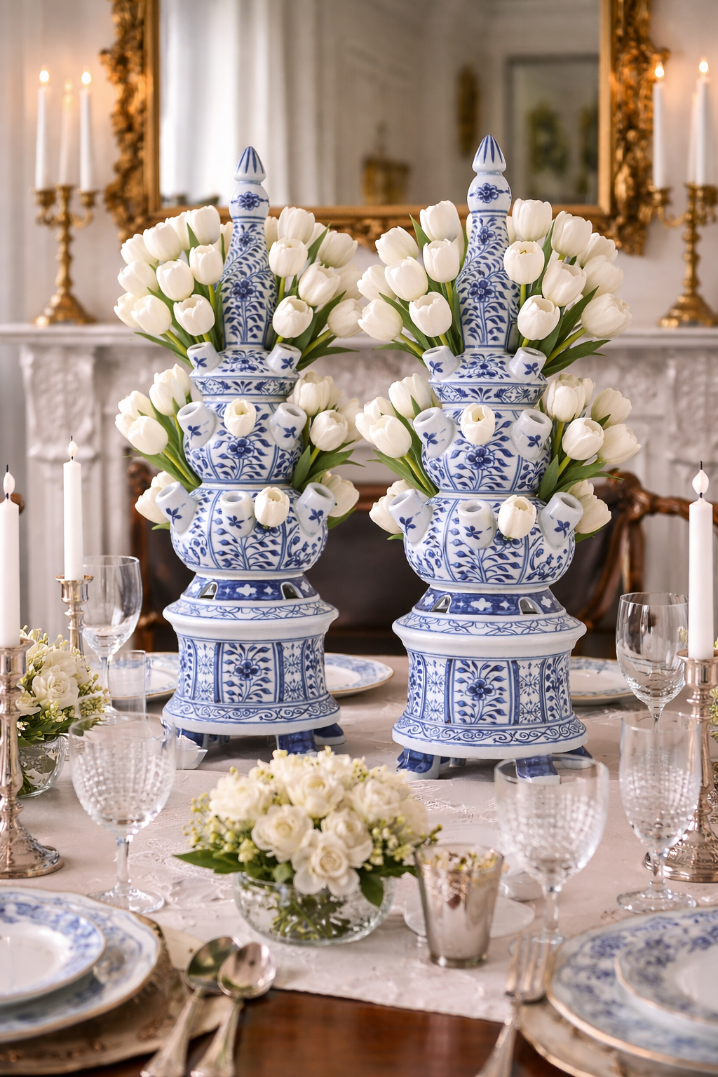 Danny’s Fine Porcelain Blue & White Tulipiere Vase | Round | 22” Tall