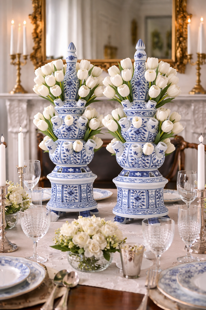 Danny’s Fine Porcelain Blue & White Tulipiere Vase | Round | 22” Tall