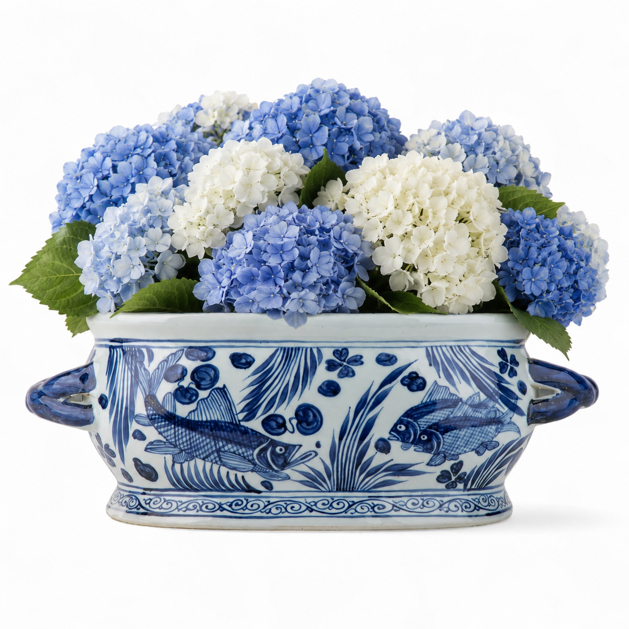 Danny's Fine Porcelain: Blue & White Porcelain Oval Footbath – Twin Handles | Fish & Water Garden Motif | 17.75”