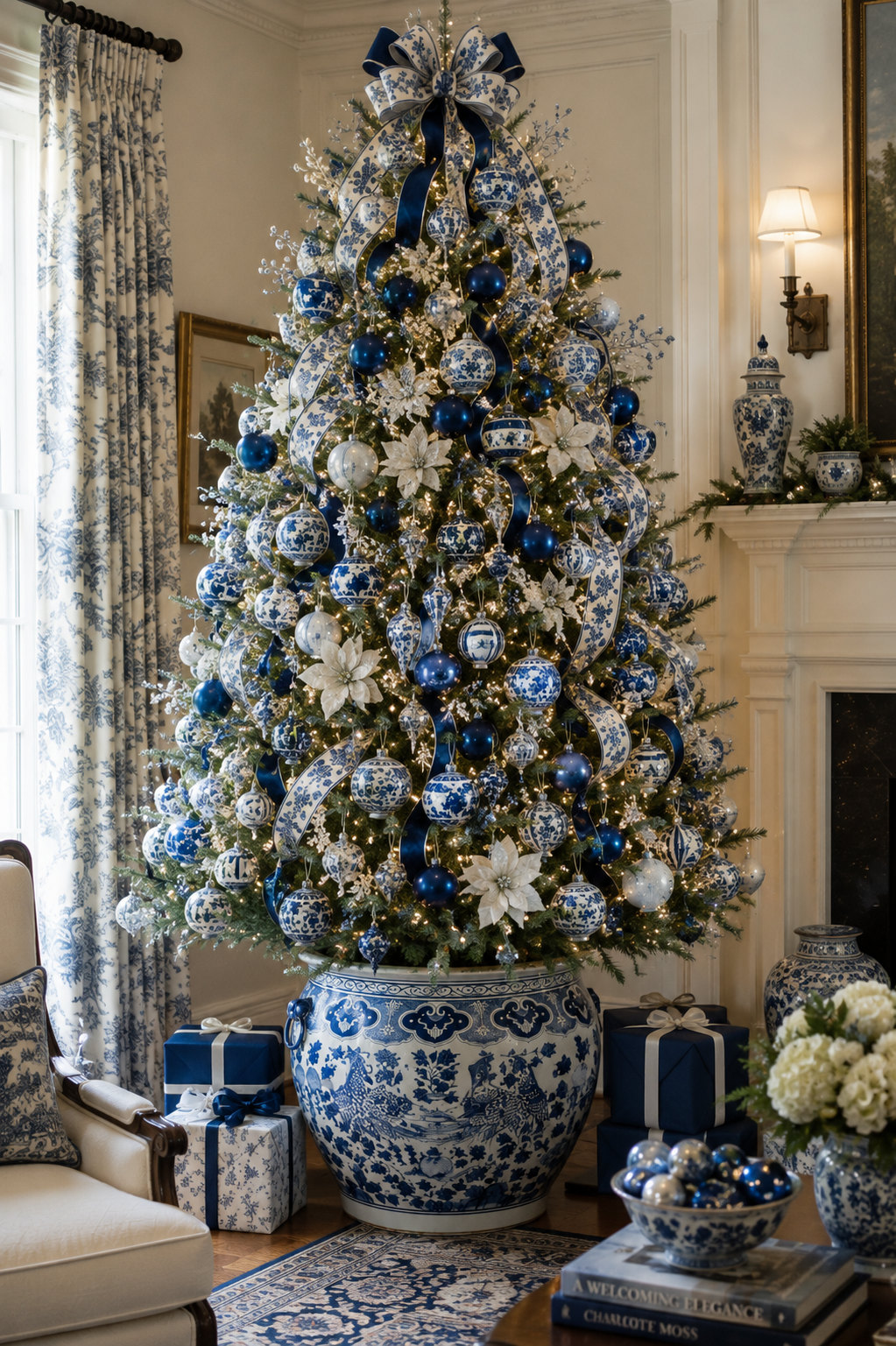 Danny's Fine Porcelain | XL Blue & White Bird Round Porcelain Planter |19.5"L × 19.5"W × 17.5"H #51142