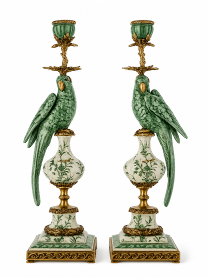 Danny's Fine Porcelain Green & White Bronze Parrot Candle Holders Pair 6.5"L × 6"W × 18.5"H#61025