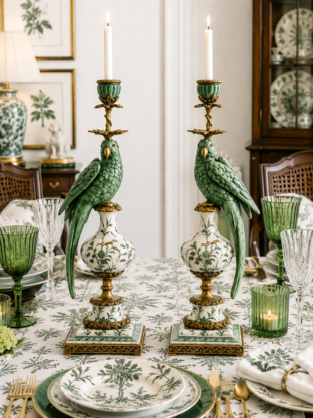 Danny's Fine Porcelain Green & White Bronze Parrot Candle Holders Pair 6.5"L × 6"W × 18.5"H#61025