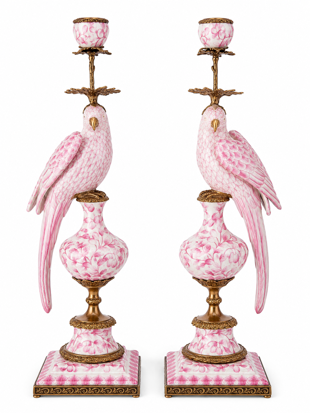 Danny's Fine Porcelain Pink & White Bronze Parrot Candle Holders Pair 6.5"L × 6"W × 18.5"H #14292