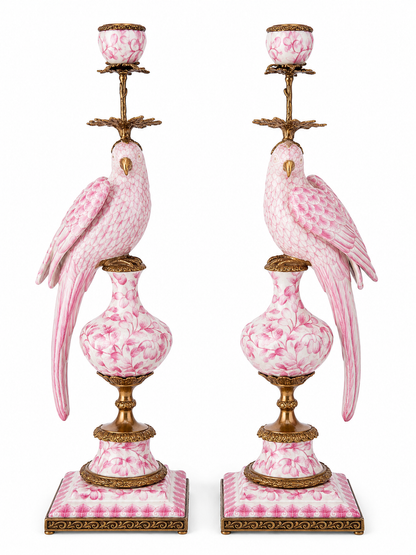Danny's Fine Porcelain Pink & White Bronze Parrot Candle Holders Pair 6.5"L × 6"W × 18.5"H #14292