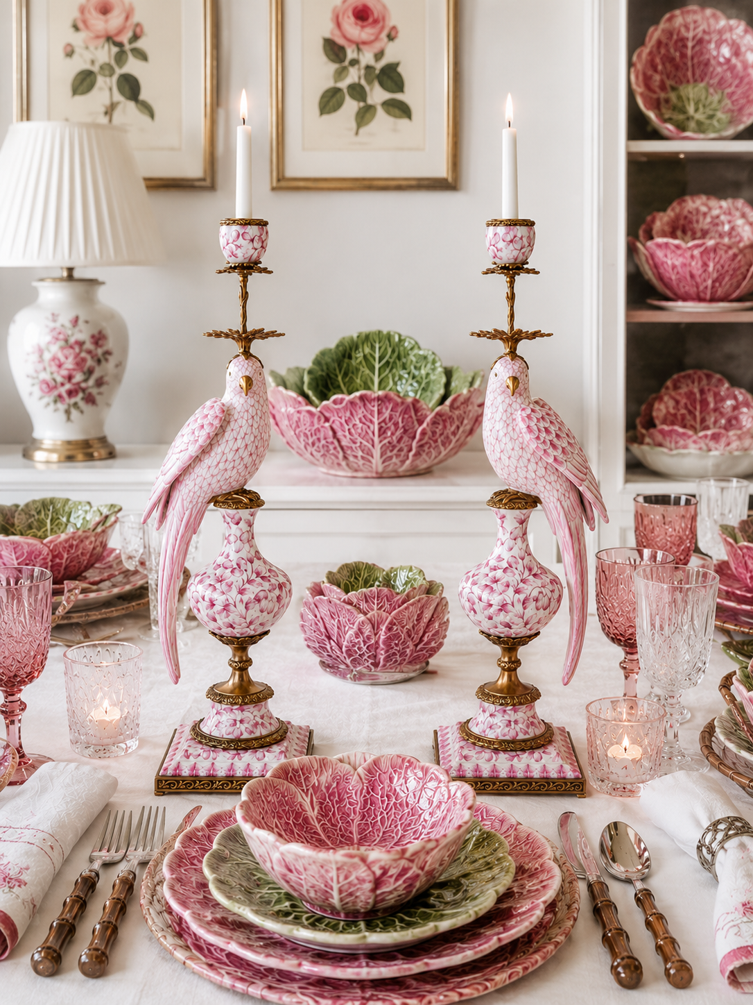 Danny's Fine Porcelain Pink & White Bronze Parrot Candle Holders Pair 6.5"L × 6"W × 18.5"H #14292