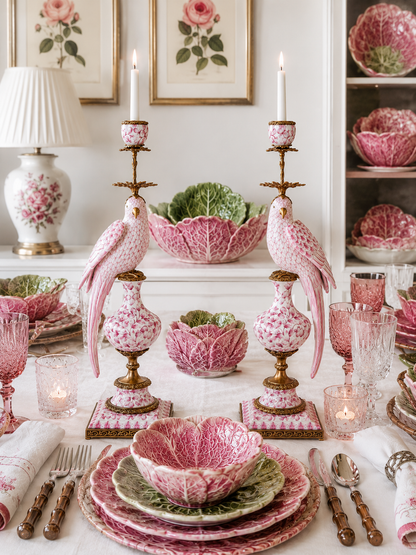 Danny's Fine Porcelain Pink & White Bronze Parrot Candle Holders Pair 6.5"L × 6"W × 18.5"H #14292