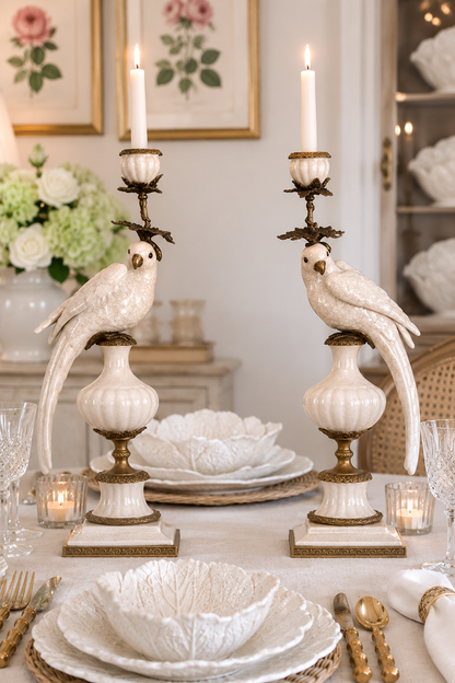 Danny's Fine Porcelain White Bronze Parrot Candle Holders Pair 6.5"L × 6"W × 18.5"H #14130