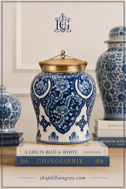 Danny's Fine Porcelain: 10” Tall Blue/White Porcelain Jar W/ Bronze Lid (2 sizes to choose)