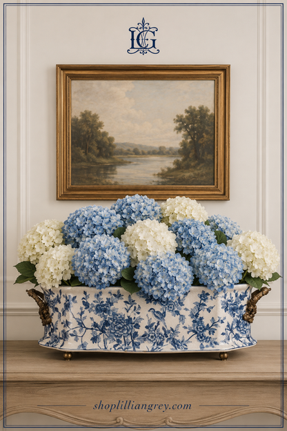 Danny's Fine Porcelain | Blue & White Porcelain "Prim rose" Basin, Bronze Detailing, 221L X 11W X 6.5H #14167