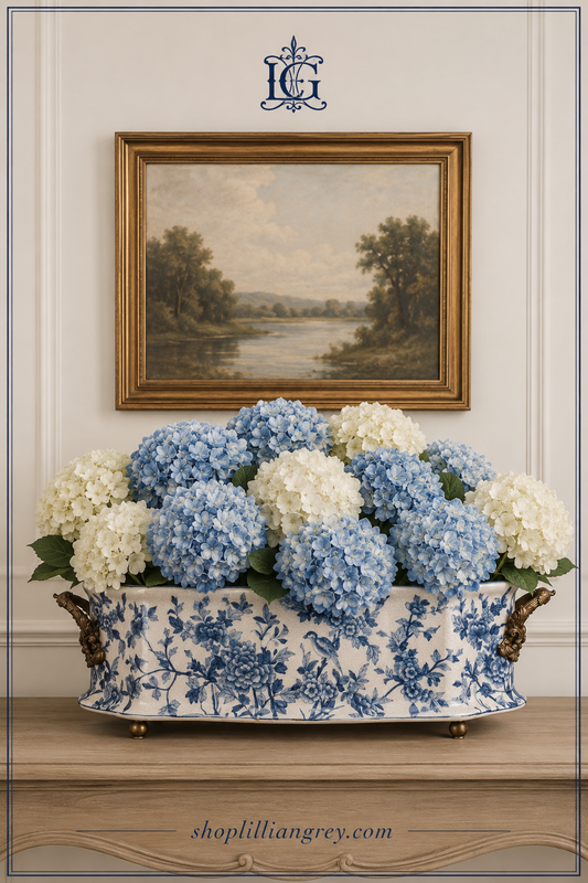 Danny's Fine Porcelain | Blue & White Porcelain "Prim rose" Basin, Bronze Detailing, 221L X 11W X 6.5H #14167