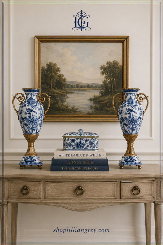 Danny's Fine Porcelain - 14" Tall Porcelain Blue Bird Vase with Gilt Ormolu Handles | Tall Decorative Accent #14298