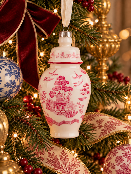 Danny’s Fine Porcelain Pink Chinoiserie Willow Ginger Jar Glass Ornament | 5”H