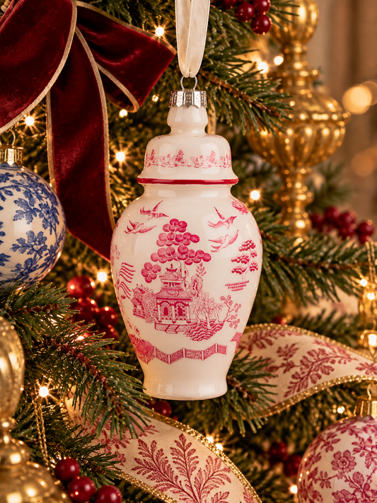 Danny’s Fine Porcelain Pink Chinoiserie Willow Ginger Jar Glass Ornament | 5”H