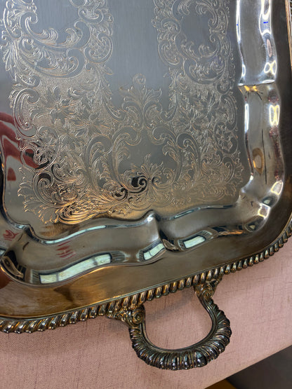 Lovely engraved 1935 silverplate over copper tray with handles!