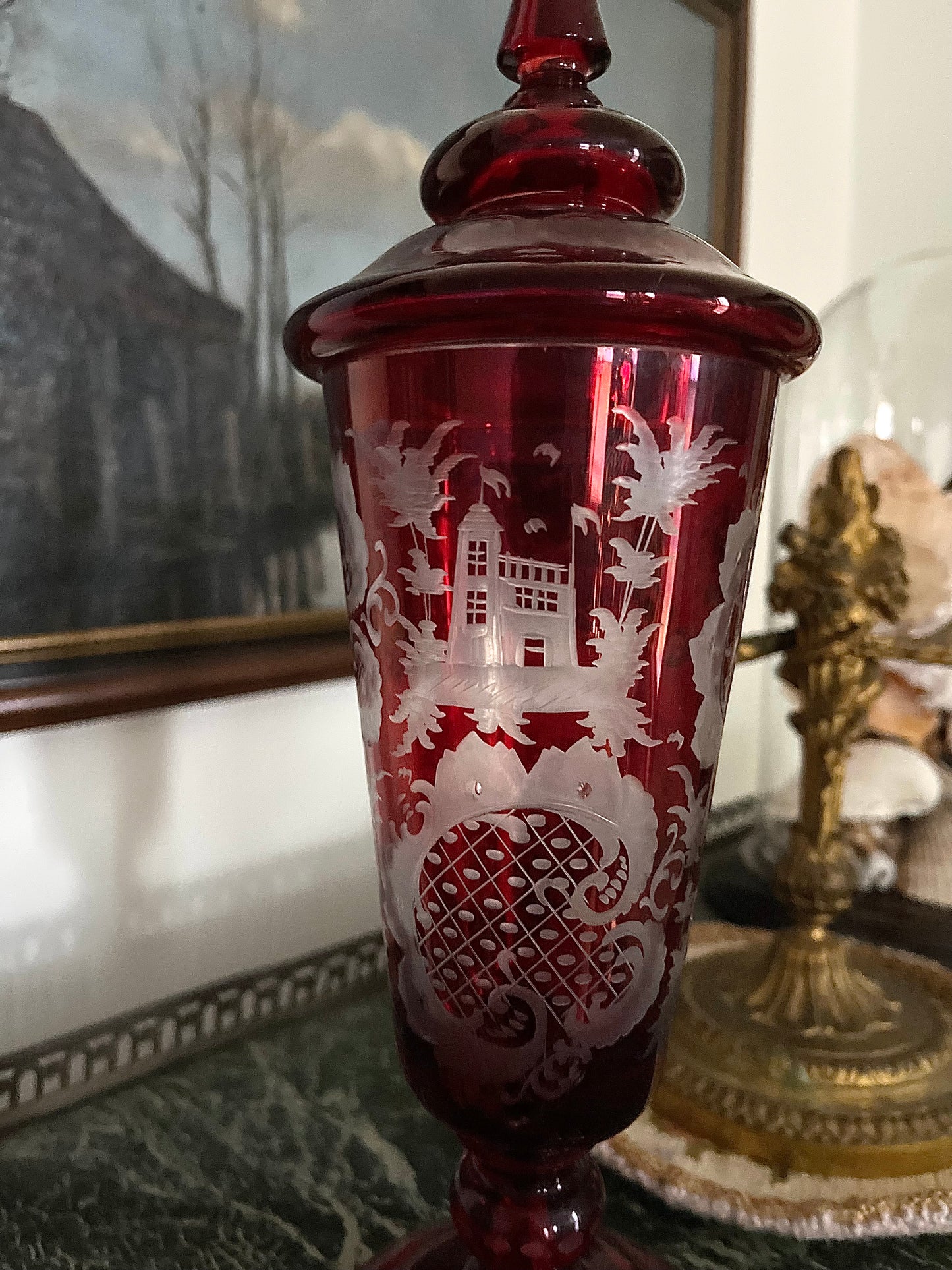 19th Century Continental Ruby Red Cut-to-Clear Lidded Goblets with Landscape Etching, Pair in perfect condition