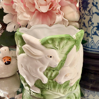 Vintage bunny rabbits cabbage ware ceramic planter 4h